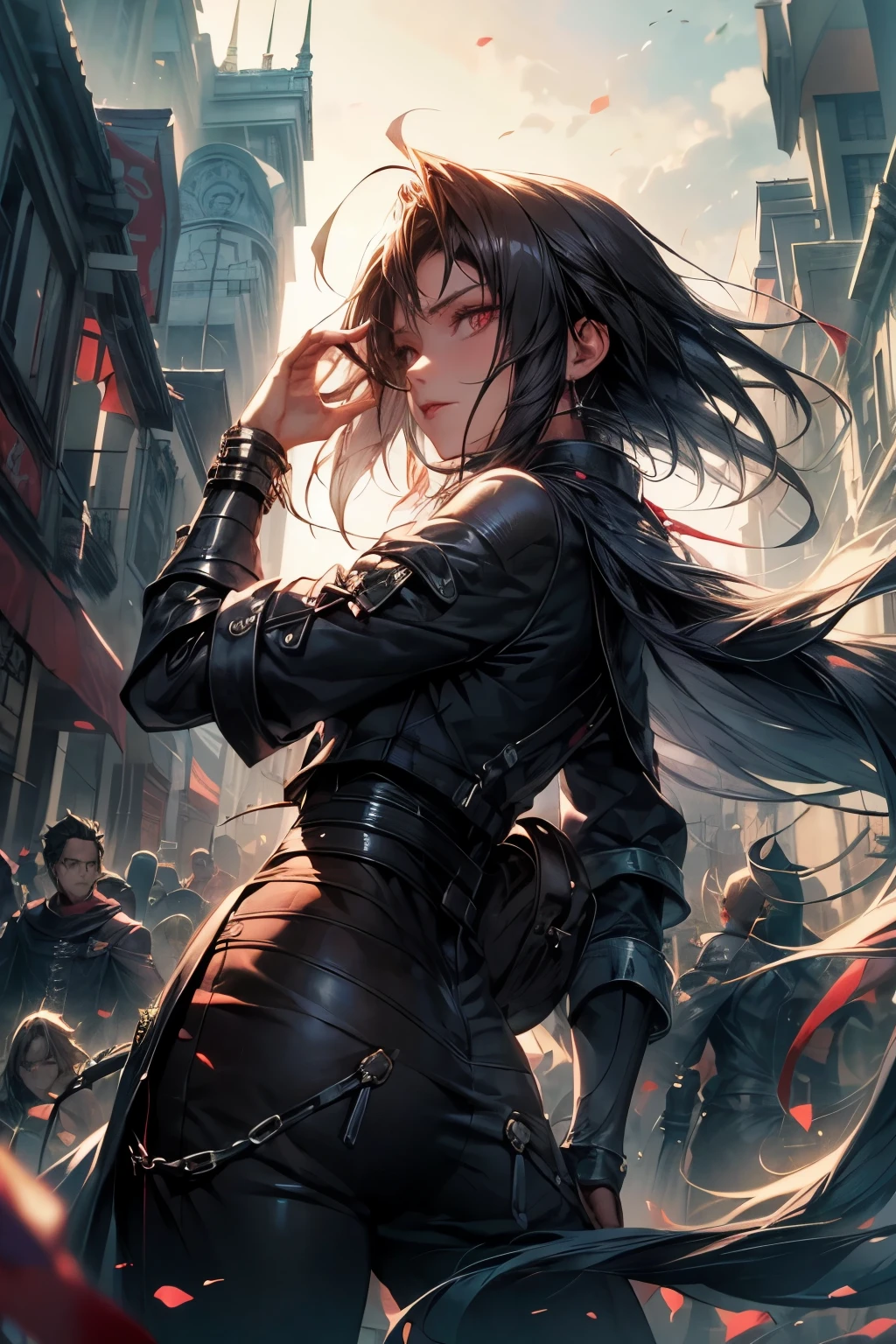 (absurdos, Altas Resoluciones, Ultra detallado, HDR), Obra maestra, La mejor calidad, final fantasy vii, vincent valentine, 1hombre solamente, guapo, pelo largo, cabello negro, Ojos rojos vibrantes, ojos finos y cara detalladas, Armadura, ((Arma intrincada)), Sentado en el trono, piernas abiertas, sonrisa afectada, molesto. Final Fantasy, abs, badass pose, Chico de anime en una cama con las manos en la cabeza, Hermosa pose de anime, Anime hombre guapo, Personaje masculino de anime, Badass Anime 8K, Arte detallado del personaje de anime, Concepto de anime HDR Anime MacManus, Chico anime, Ikuto Yamashita, Anime CG arte suave, Fondo de pantalla de manga 4 k, inspirado por Yamagata Hiro, Wallaper de anime