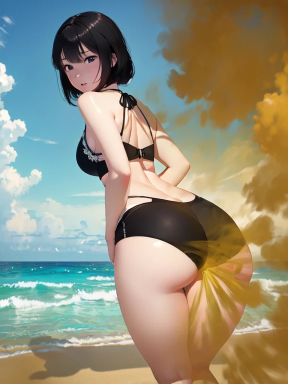 (sfw:1.8),masterpiece,ultra detailed,best quality,sweaty gigantic buttocks,500 px buttocks,spilled cream on buttocks,bikini,lying on all fours,from above,back view,at the beach