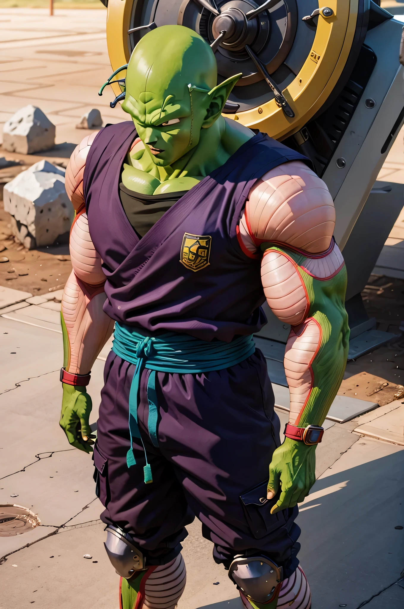 masterpiece, best quality, realistic, photorealistic, 8k,piccolo, 1boy, male focus, solo, standing, pointy ears,(tactical combat armor purple dougi), green skin, oni horns, purple cargo pants, closed mouth, looking at viewer, ((bald)),arms at sides,pink patches,black eyes, blue sash, rocks, grassfield,realistic