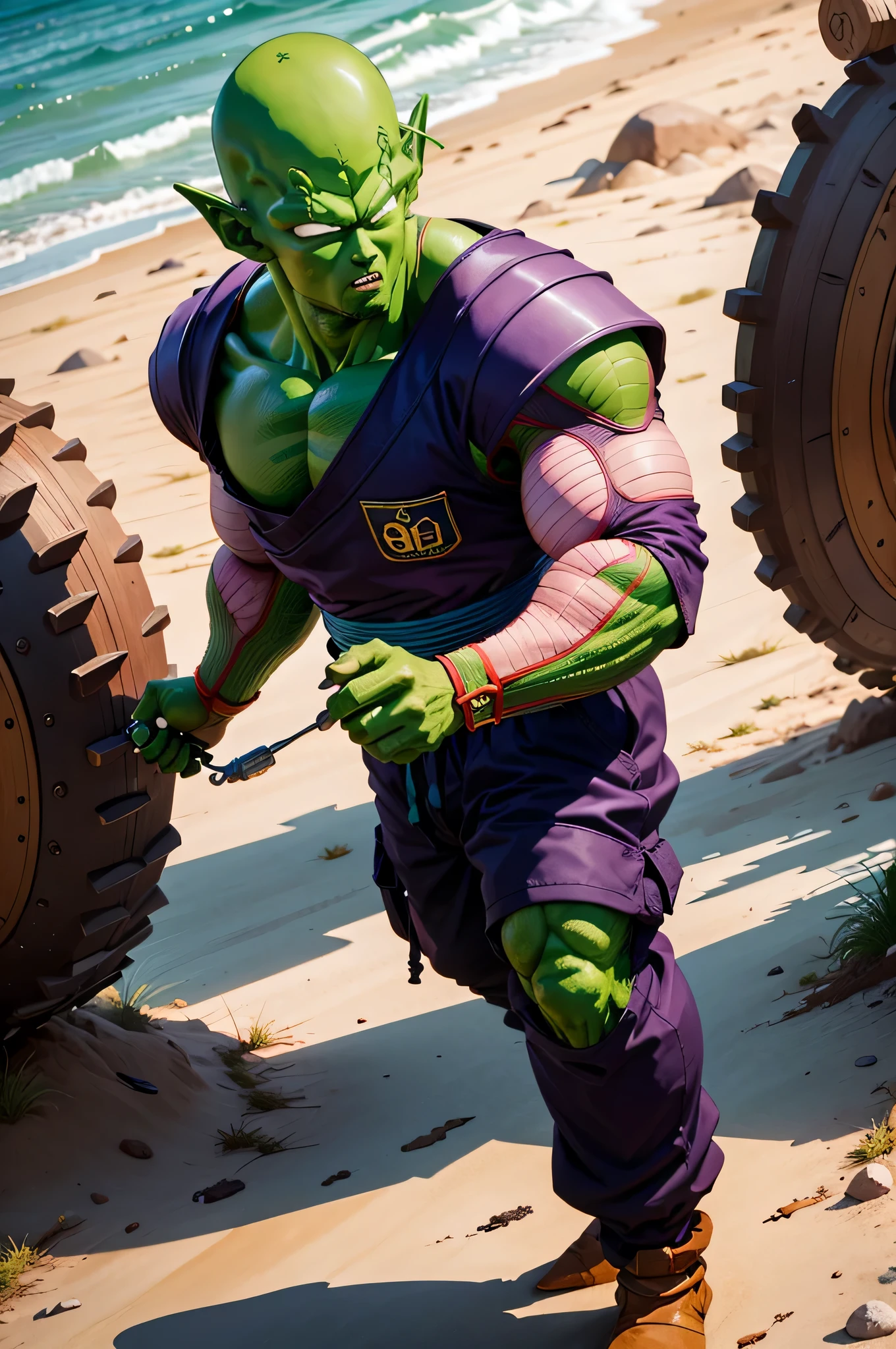 masterpiece, best quality, realistic, photorealistic, 8k,piccolo, 1boy, male focus, solo, standing, pointy ears,(tactical combat armor purple dougi), green skin, oni horns, purple cargo pants, closed mouth, looking at viewer, ((bald)),arms at sides,pink patches,black eyes, blue sash, rocks, grassfield,realistic