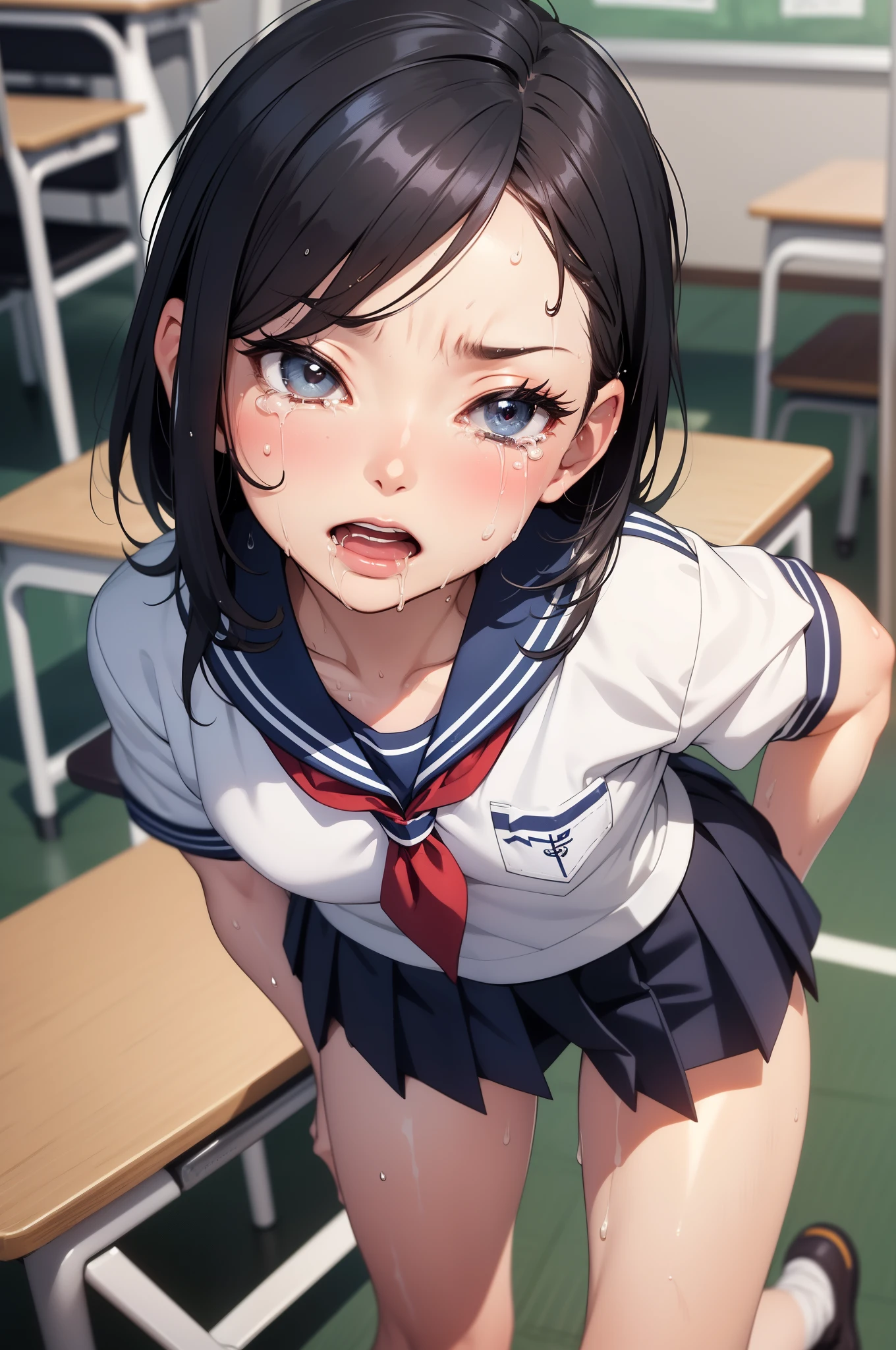 Photorealistic:1.5), (​masterpiece、Highly detailed 8K CG、Sharp lines)、hi-school girl、A dark-haired、(White panties:1.2)、thighs thighs thighs thighs、Beautiful anime 、Smooth Anime CG Art、Beautiful anime 、Beautiful anime girl, 19-year-old beautiful girl, Detailed skin,(gleaming skin:1.9)、short-hair、Beautiful black hair、brown Eye、(many streaming sweat:1.8), (Crying:1.5), (flat chest:1.6),(Muscular legs:1.5), (gaunt:1.7), (student clothes, a sailor suit, Dark blue pleated skirt:1.4), (sleeveless:0.2), (head shot:1.9), wet, solo, one girl, crawling position on their hands and knees:1.0, (inner thigh1.2), (shoot from above:1.2), (leaning forward:1.2), Inside the classroom, (half closed eyes:1.6), (open mouth:1.5), (drunker eyes:1.6), (drooling:1.4)