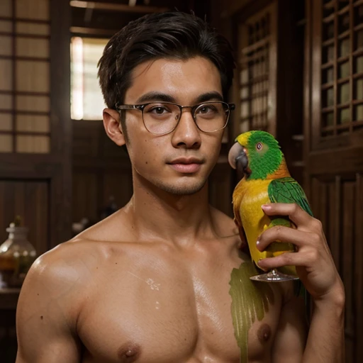prompt -The Young Man (21 Years old) with glasses (sexy face), shirtless and wearing myanmar traditional longgyi, holding a glass with juice and standing beside his parrot and behind him display Bagan Palace
realistic, hd, portrait, digital portrait, 8K, Humanity face detail, Lips detail, eyes detail, body detail, spelling Detail, Fix spelling