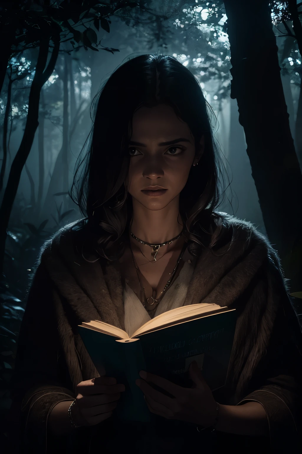 idosa e grisalha encapuzada, dirty in the middle of a dense forest at night carrying several books, retrato, idosa sabia eremita, carregando um grande cajado, dark scenery, idosa assustadora, estilo horror, pesadelo, livros de bruxaria, mulher macabra, sorriso perturbador, rosto levemente iluminado, cena macabra, filme de terror, personagem com medo, mulher velha e sabia
