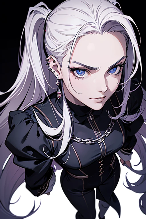 masterpiece, best quality, high resolution, detailed, white background, (dark atmosphere:1.1), occult beautiful girl, anime, full body , mocking smirk, intense eyes, piercing eyes,(looking at viwere:1.4), long hair, line art, suits, (shoot from above:1.2), bring it on!, earrings, slicked back hair