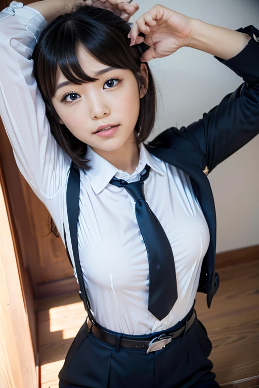 (masutepiece:1.2),High quality,vivd colour,flat-colors,Deep Depth Of Field,Lens Flare,1 girl,Black hair,eyecontact,Suit,Collared shirt,Belt bag,suspenders,Professional,Office Lady,Mature Women,Black Suit,Black jacket,Gaze,ample bosom,Armpit sweat,Exposing the armpits"