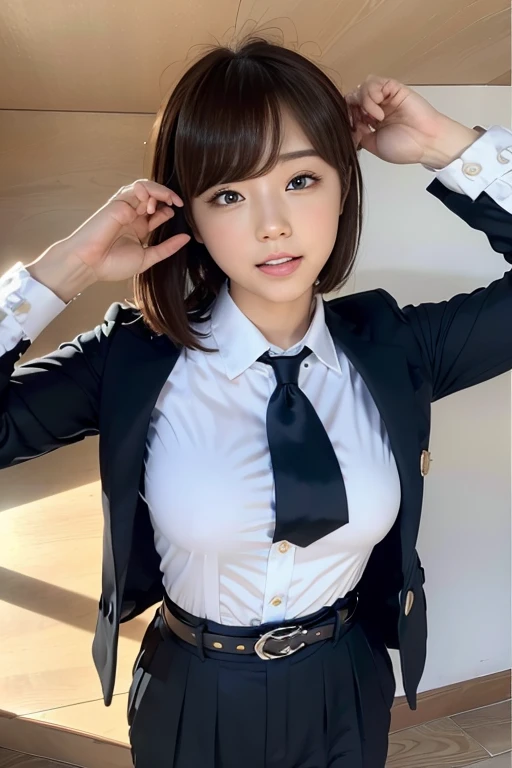 (masutepiece:1.2),High quality,vivd colour,flat-colors,Deep Depth Of Field,Lens Flare,1 girl,Black hair,eyecontact,Suit,Collared shirt,Belt bag,suspenders,Professional,Office Lady,Mature Women,Black Suit,Black jacket,Gaze,ample bosom,Armpit sweat,Exposing the armpits"