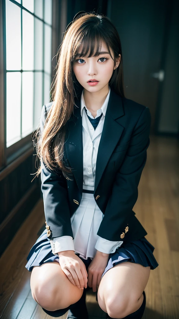 Dark blue high socks、(Raw photography:1.2)、(Photorealsitic:1.4)、The beauty of beautiful details and delicate facial expressions、a blond、((Panties are visible)), (Squatting panty shots), piercings, Lashes, beatiful detailed eyes、huge filesize、ultra-detailliert、hight resolution、Transcendent beauty, top-quality、​masterpiece、、(Japanese girls' high school uniform))、Very detailed expression　 Magnificent、finely detail、Highly detailed face movie lighting、a 23-year-old woman、front facing、((dynamicposes)))、(Sitting on legs with bent knees)、pleatedskirt、blazers、Sexy upper eyes