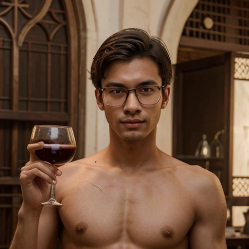 prompt -The Young Man (21 Years old) with glasses (sexy face), shirtless and wearing myanmar traditional longgyi, the hole body, holding a glass with alcohol and standing beside his parrot and behind him display Bagan Palace
realistic, hd, portrait, digital portrait, 8K, Humanity face detail, Lips detail, eyes detail, body detail, spelling Detail, Fix spelling