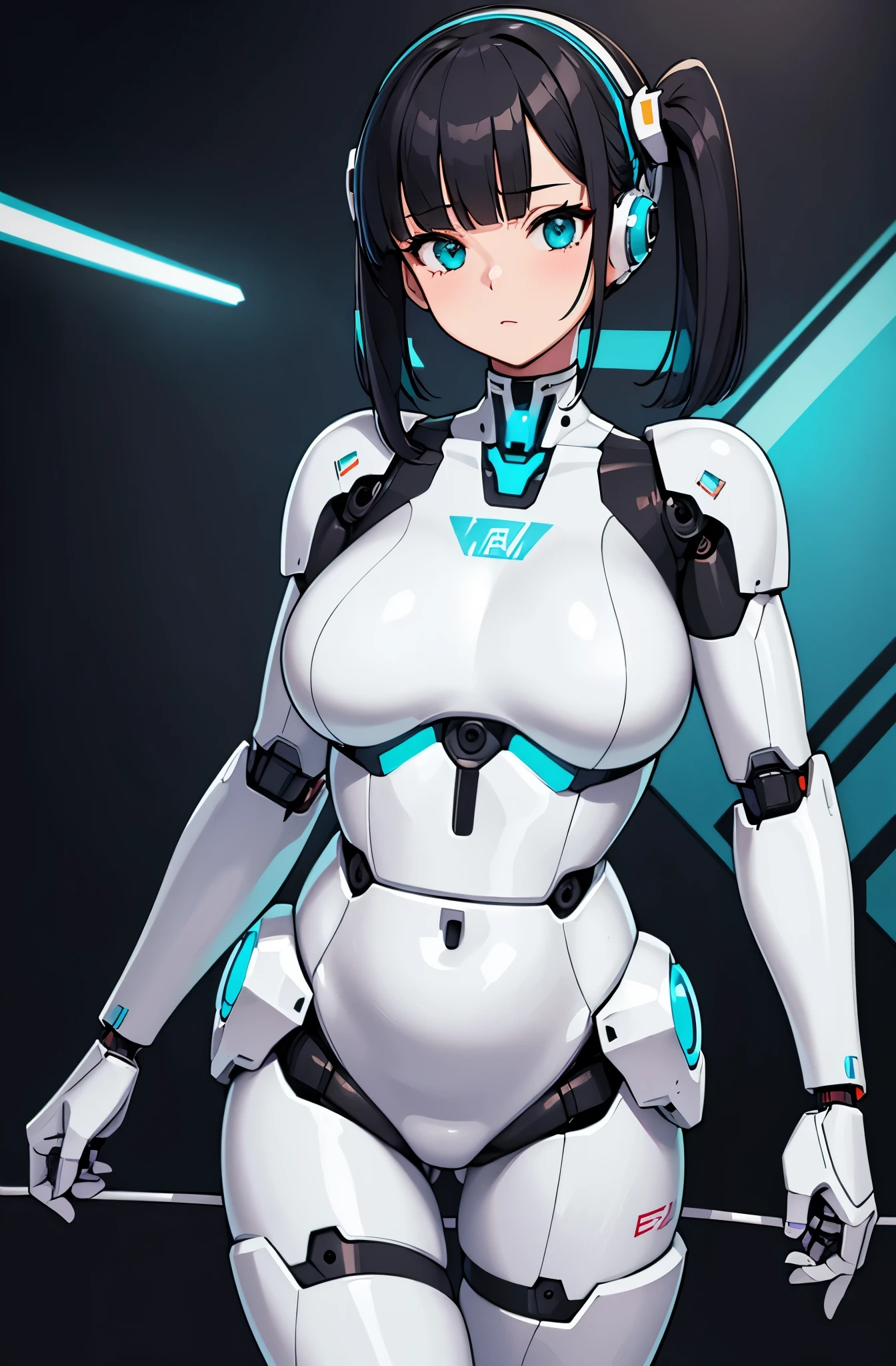 masutepiece, Best Quality, Extremely detailed, 8K portrait,1girl in, Japaese android gid,Plump , announcer,control panels,android,Droid,Mechanical Hand, ,Robot arms and legs, Black hair,Mechanical body,Blunt bangs,White Robotics Parts,perfect robot woman,Charging spot,Long Tube,A thick cable was connected to her neck,ceramic body ,Mechanical body, mechanical ear covers,android,robot humanoid,a bit chubby,panty,full eyes,perfect mechanical body,white robotics body,future laboratory,android factory,mechanical ear cover,white and aqua uniform,costume with aqua accents,happy