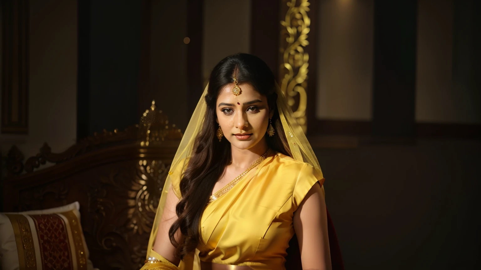araffe woman in a yellow dress posing for a picture, wearing gold jewellery, actress, traditional beauty, movie stills, promotional movie still, movie stills photography, film promotional still, sharandula, of indian princess, gold jewellery, promotional still, film still from the movie, photoshoot, promo image, promotional images, dorne, still shot from movie, movie still