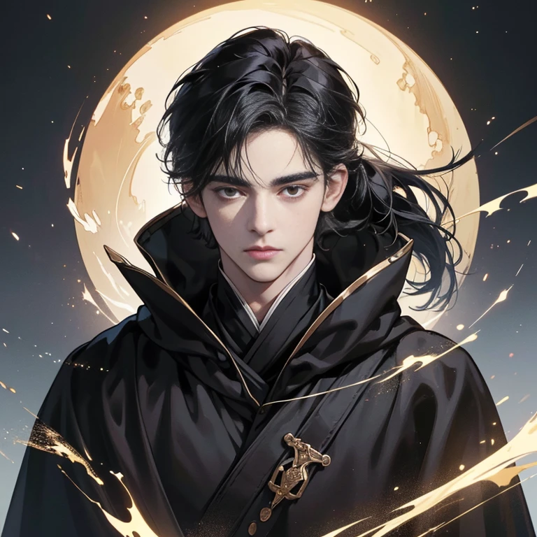 (Top quality detailed images、beautiful images、8K dramatic lighting) Art Manfa's masterpiece (digital art digital illustration) 29 year old male very handsome black hair ((Black eyes with a distant expression、perfect face、perfect lines)) black clothes black cloak