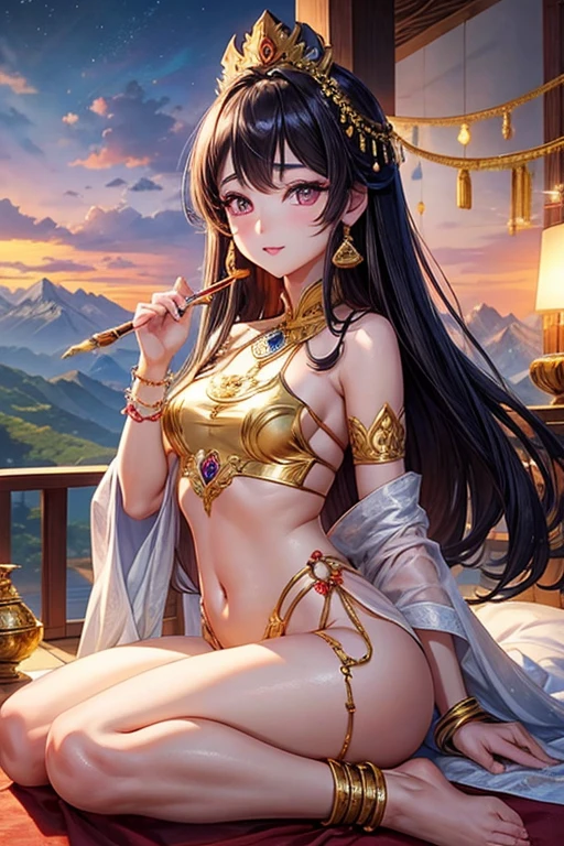 Myanmar princess、Highest image quality、masterpiece、gold decoration、Kirinaga eyes、The scenery is mountains、lots of bangles、Eyeshadow Red、cute、firm eyebrows、healthy lips、Intense eye highlights、small breasts