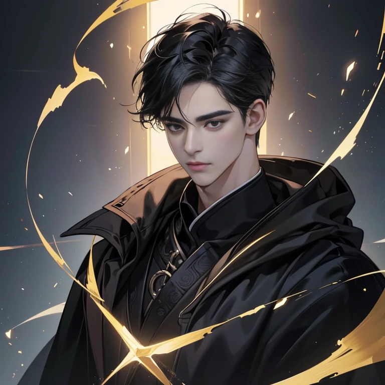 (Top quality detailed images、beautiful images、8K dramatic lighting) Art Manfa's masterpiece (digital art digital illustration) 29 year old male very handsome black hair ((Black eyes with a distant expression、perfect face、perfect lines)) black clothes black cloak