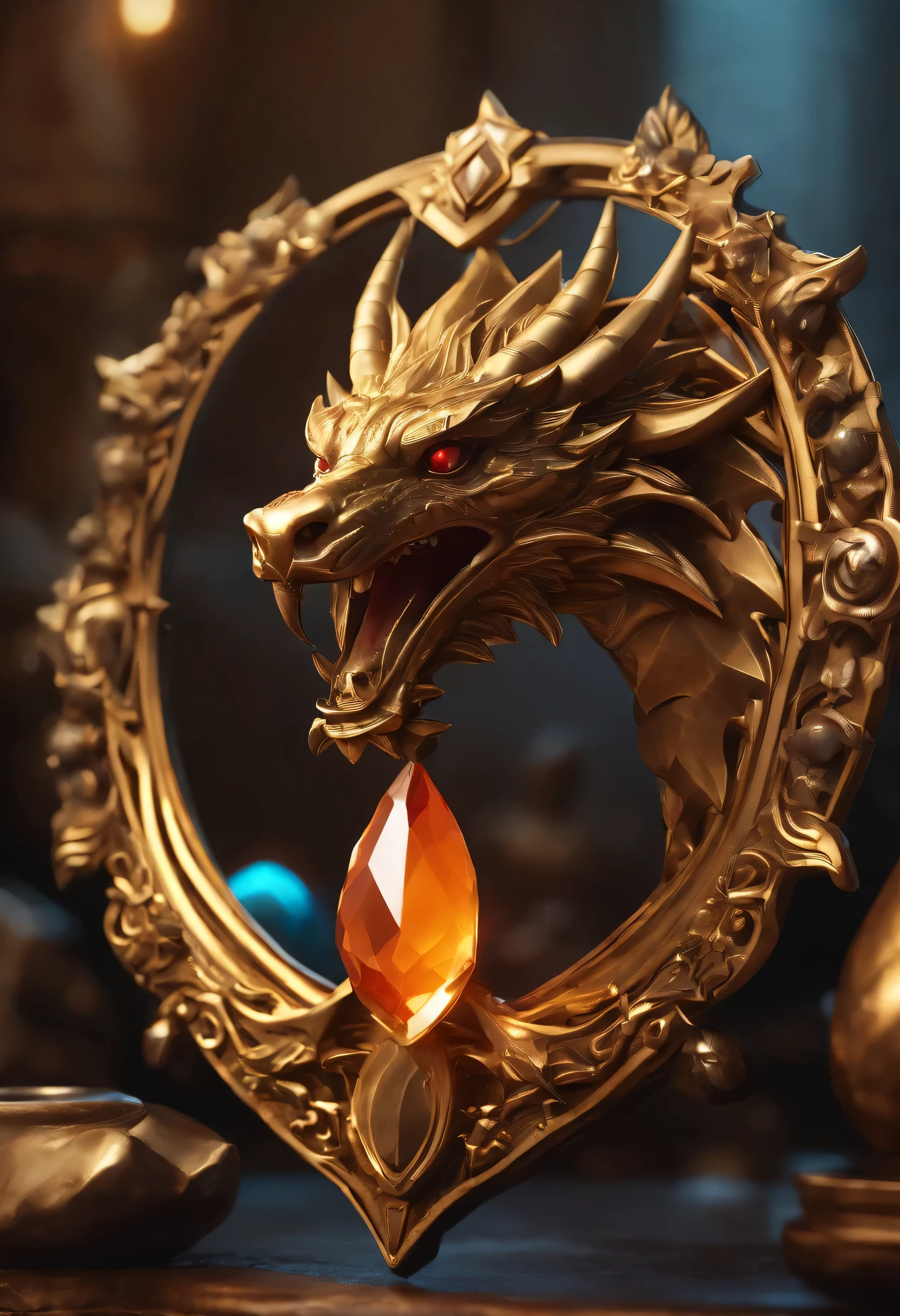Médaillon de jeu avec robinet en métal libre avec couronne,Gros plan, de, tête dragon,style artistique de Hearthstone, art de style Hearthstone, art conceptuel de Hearthstone, Art conceptuel du jeu anti-émeute, style de ligue des légendes, splash art de personnage emblématique, Couronne de League of Legends,Insigne de jeu,Plumes métalliques environnantes,Or orange,rendu c4d,Moins de détails,moins de détails,Énorme robinet métallique au milieu,La tête a de magnifiques pierres précieuses, ecrit en toute lettres "tueur mort"