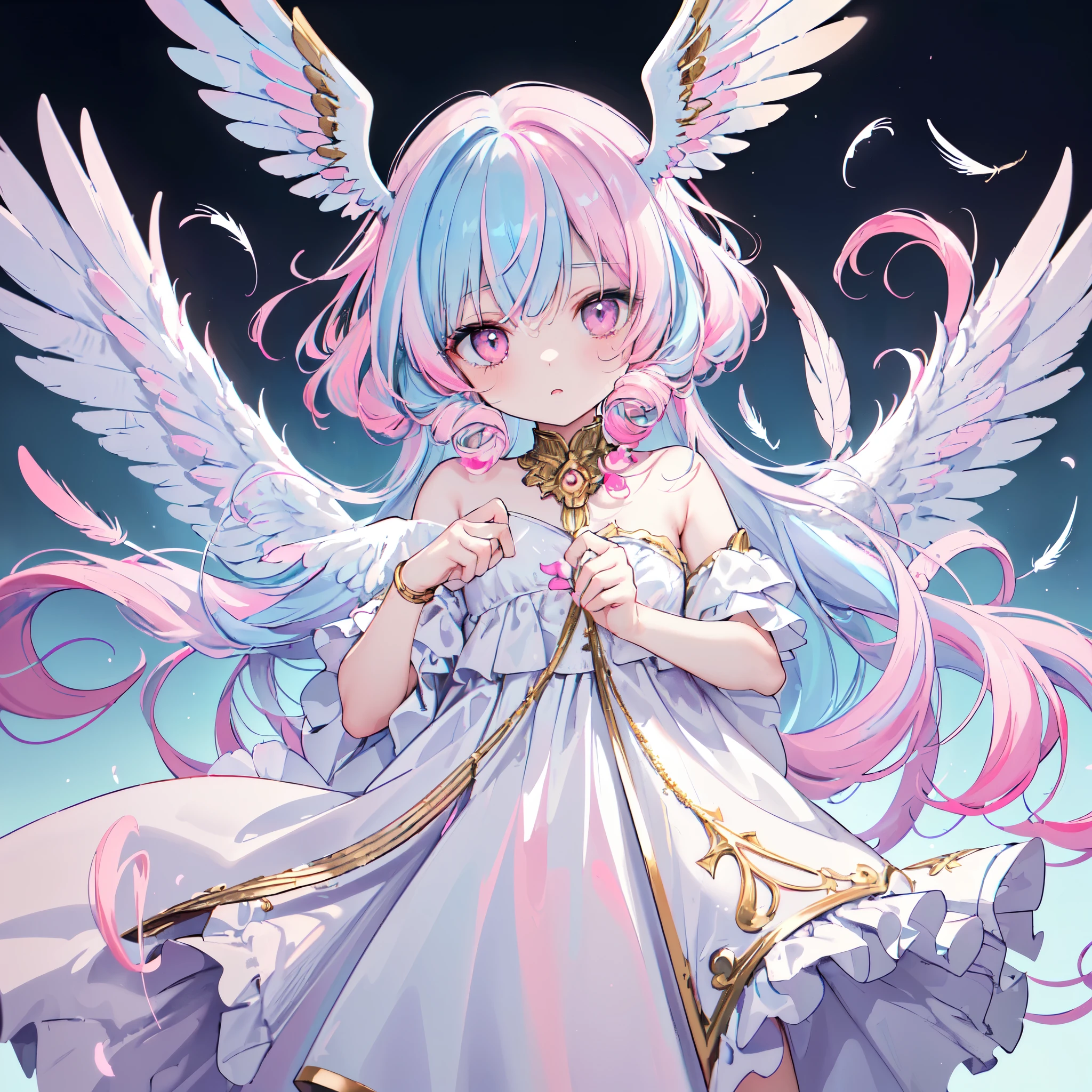 (((masterpiece, high quality))), 1girl, angel girl, (((wings))), winter grey eyes, (gold and white feathers), celestial, demonic realm background, (((twotone split hair color))), (((light blue and pink hair))), ((very long curly hair)), angelic dress