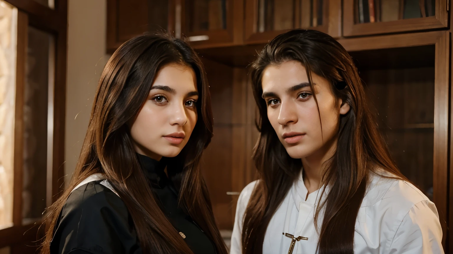 Khosrow and Shirin looking at each other,shirin face: beautiful 18-year-old Russian girl with long olive hair
Khosrow's appearance: a 20-year-old Russian boy with a fit and tall body