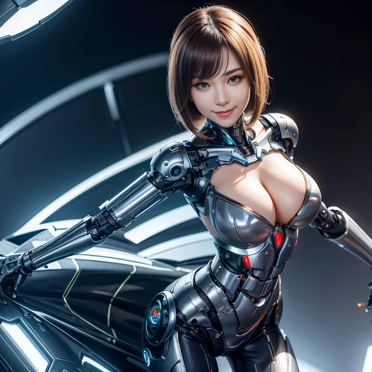 European girl with big breasts, small waist, Slender legs, Wearing a cyborg robot costume with a sweet, sexy smile.