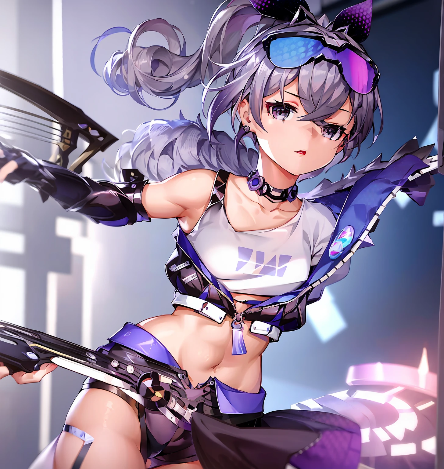 1girl,bronya zaychik,bronya,silver_wolf,grey hair,ponytail,grey eyes,medium_breasts,shorts,shot_jacket,belt,earrings,hairclip, looking at viewer,garters,choker,(navel:1.1),collarbone,sweat, indoor,