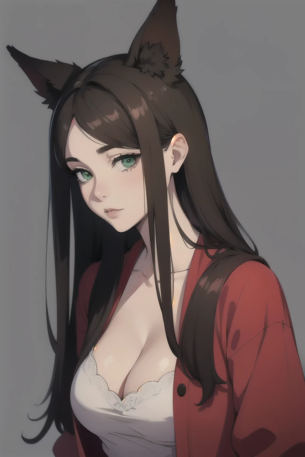 mature woman, long hair, brown hair, green eyes, fox ears, all red clothes, neat and simple clothes, closed clothes, fantasy, simple background, upper body angle