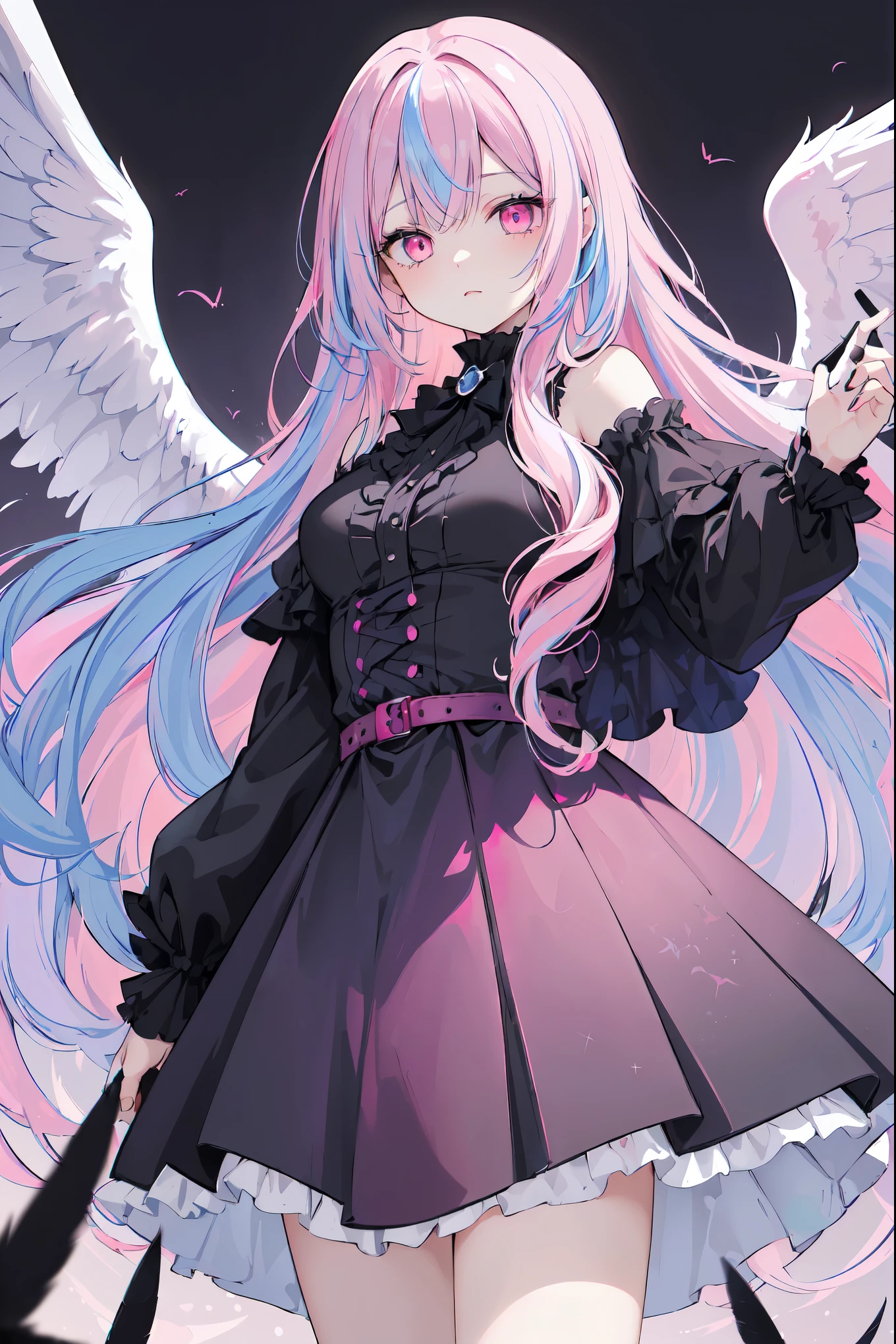 (((masterpiece, high quality))), 1girl, (((black wings))), fallen angel girl, (dark pink and dark blue wing feathers), dark magenta eyes, celestial, demonic realm background, (((twotone split hair color))), (((light blue and pink hair))), ((very long curly hair)), demonic dress