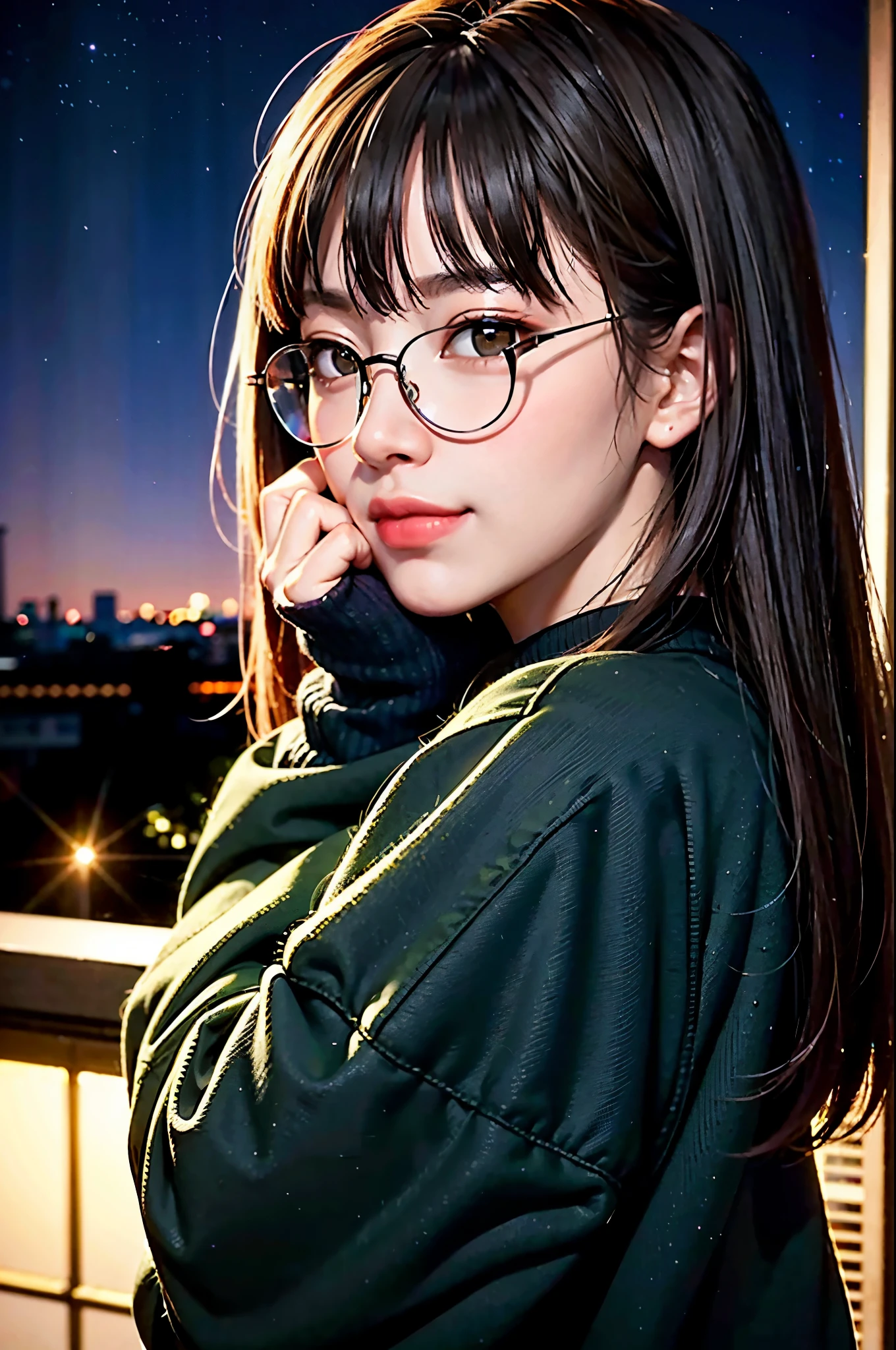Japan girls in casual clothes、pay attention to your audience、Tokyo cityscape at night、(highest quality、master masterpiece)))、HD Fine、very detailed、master masterpiece、movie lighting、(8K、highest quality、master masterpiece:1.2)、(realistic、Photoreal:1.37) high resolution、Super detailed、woman wearing glasses、Silent look、round glasses、Asian, cute, cute顔, alone, rough skin, Beautiful smile, Beautiful and detailed night sky, night scenery, movie lighting, Depth of bounds written, lens flare light、date、(blush your nose)、、(closed your mouth)small breasts、Beautiful eye for detail、(sweater:1.1)、floating hair nova frog style