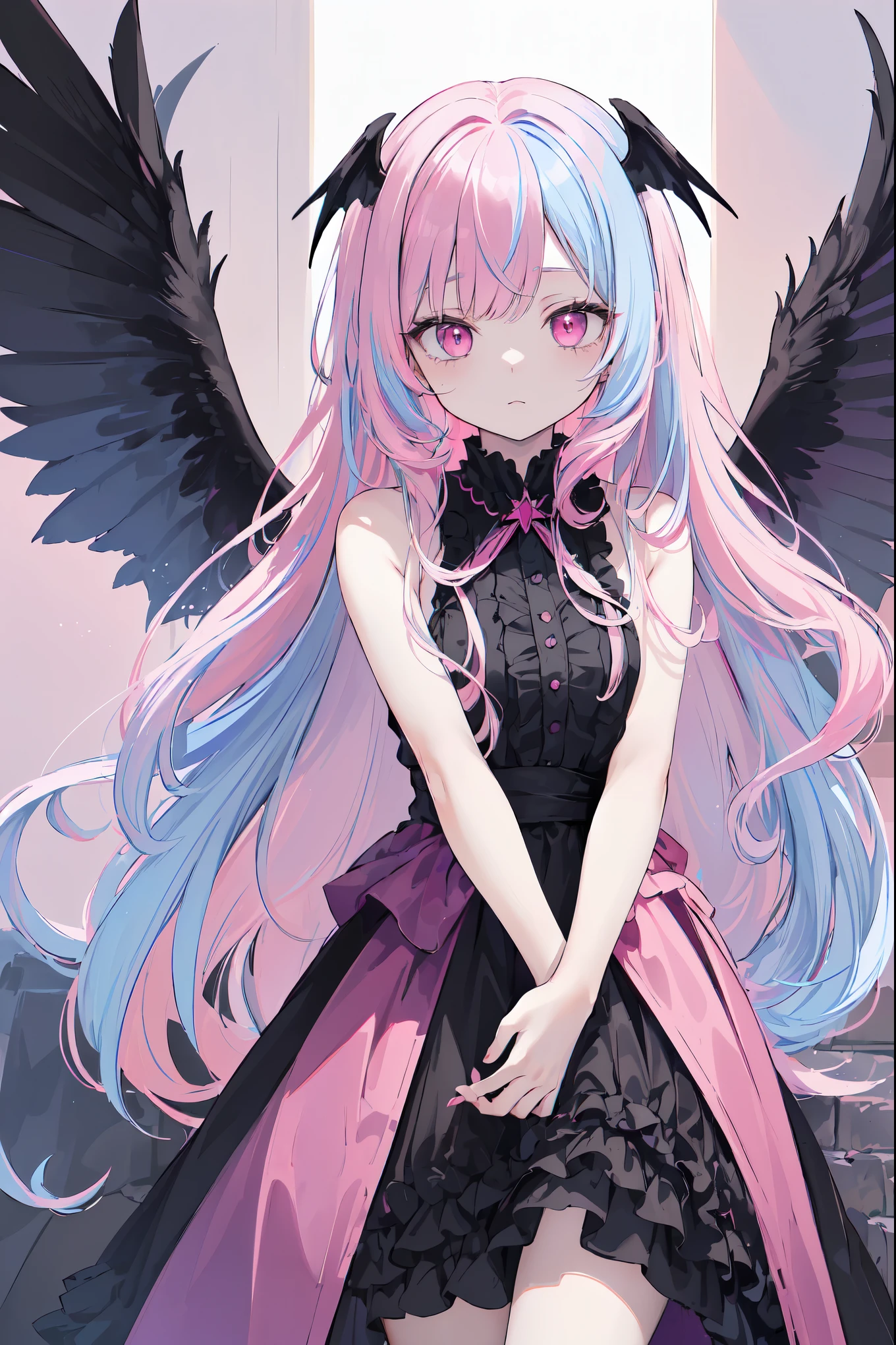 (((masterpiece, high quality))), 1girl, (((black wings))), fallen angel girl, (dark pink and dark blue wing feathers), dark magenta eyes, celestial, demonic realm background, (((twotone split hair color))), (((light blue and pink hair))), ((very long curly hair)), demonic dress
