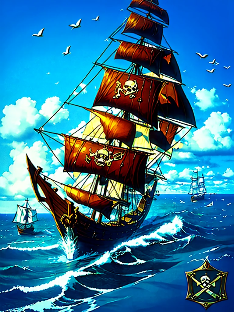 (((masterpiece、Highest image quality、highest quality、highly detailed unity 8kwallpaper)))、((fantasy、pirate ship、blue sail))、(Galleon、Wooden sailing ship)、港に停泊するpirate ship