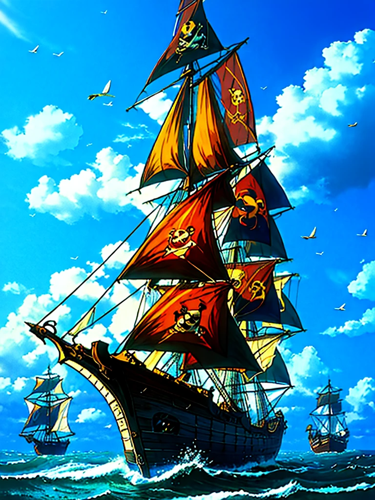(((masterpiece、Highest image quality、highest quality、highly detailed unity 8kwallpaper)))、((fantasy、pirate ship、blue sail))、(Galleon、Wooden sailing ship)、港に停泊するpirate ship