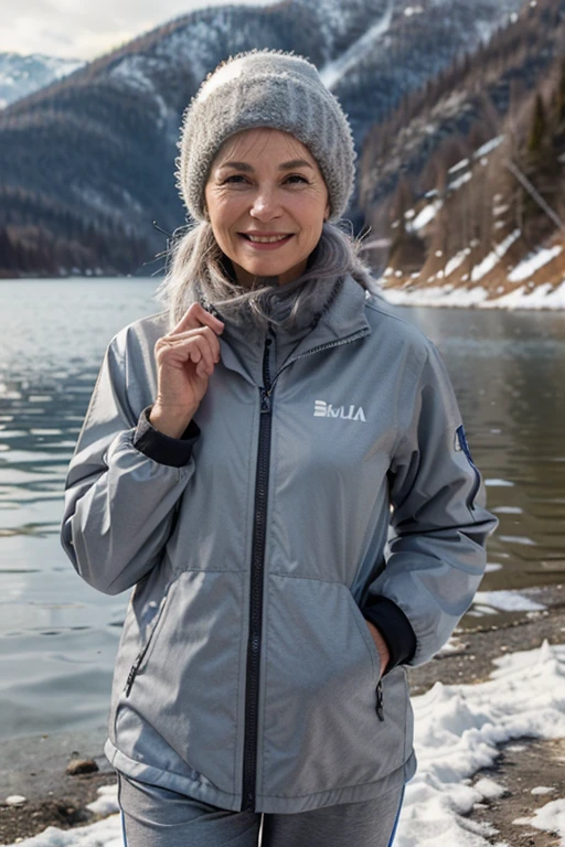 cheerful woman 55+ years old in sportswear with gray hair in full height in winter against the backdrop of Lake Baikal