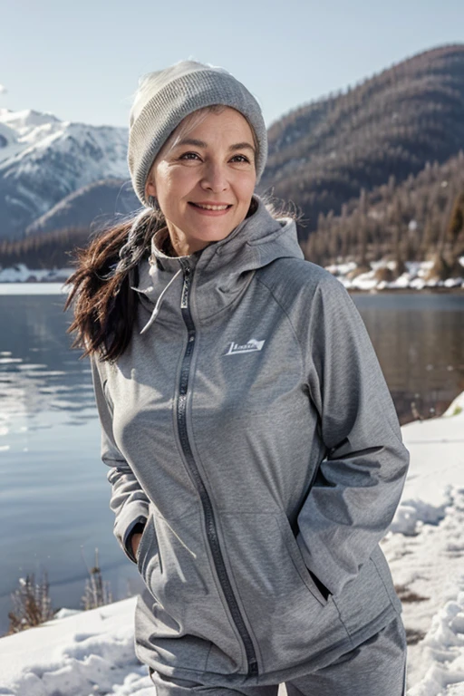 cheerful woman 55+ years old in sportswear with gray hair in full height in winter against the backdrop of Lake Baikal
