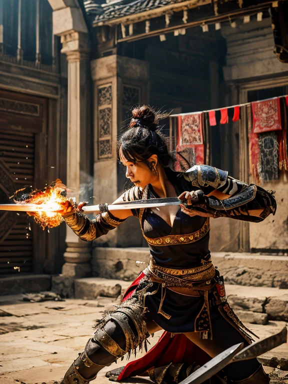 A beautiful Indonesian female warrior holding a sword, with a white tiger spirit emerging from her body and showing a fierce face. She is fighting against enemies in the courtyard of a palace, and there is a palace wall beside her. The scene is chaotic and violent, with blood, fire, and smoke everywhere. The enemies are wearing armor and helmets, and some of them have shields and spears. The palace wall is decorated with flags and banners, and has a gate that is partially destroyed. The image is realistic, detailed, and vivid, with sharp contrasts, shadows, and textures. The warrior and the tiger spirit are the focal points of the image, and their expressions and poses show their courage and determination. The image is enhanced with more realism, detail, and chaos, with more blood splatters, fire sparks, smoke effects, and enemy corpses. The warrior and the tiger spirit are surrounded by enemies, but they are not afraid. The image is dynamic and dramatic, with a sense of motion and tension.