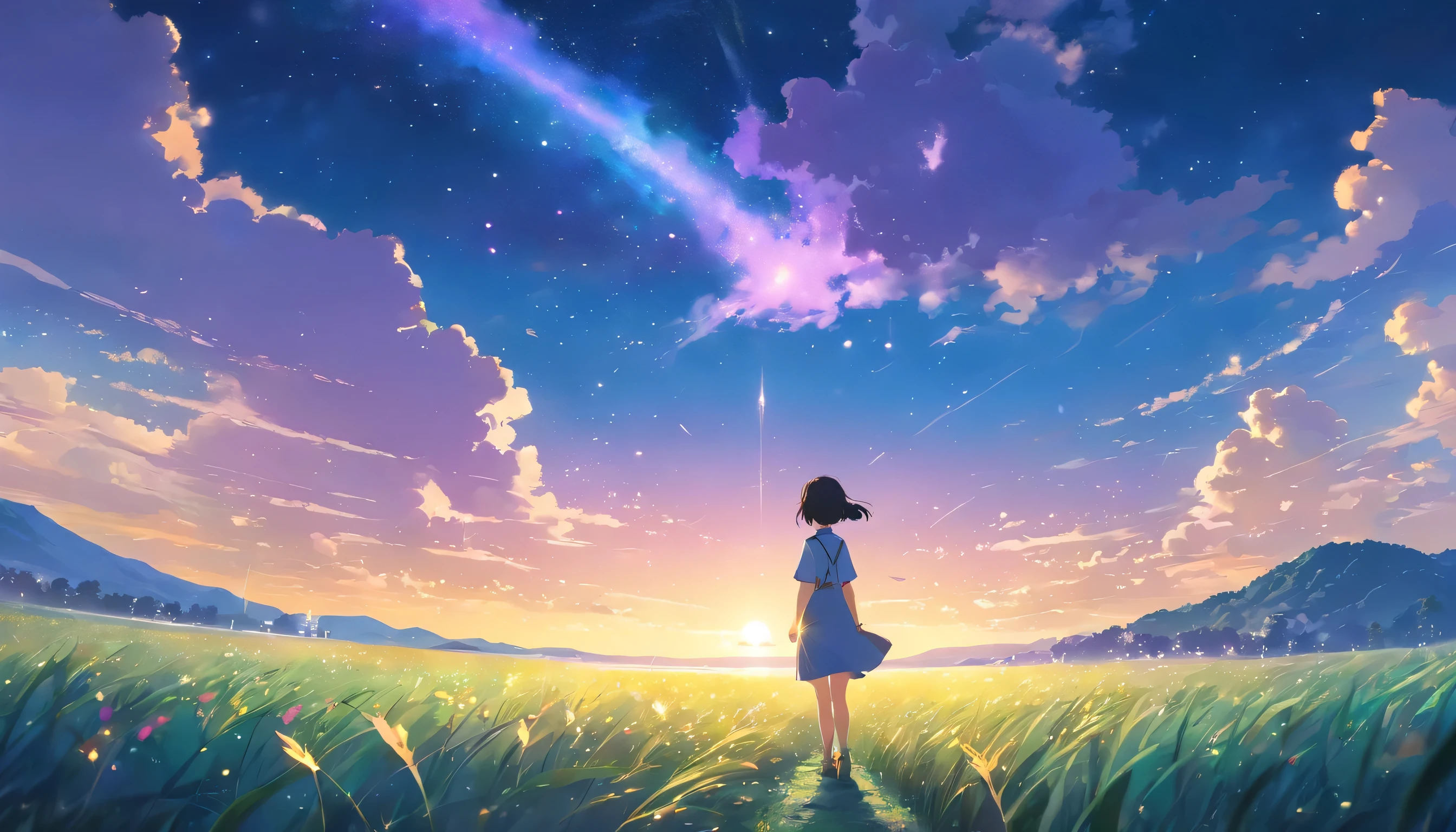 Makoto Shinkai, Expansive landscape photograph , (View from below,Displays the sky above and the clearing below), a girl standing on flower field looking up, (full moon:1.2), ( meteors:0.9), (Starcloud:1.3), Far Mountain, Tree BREAK Production Art, (Warm light source:1.2), (Firefly:1.2), lamp lights, Lots of purple and blue, Intricate details, Volumetric lighting BREAK (Masterpiece:1.2), (Best quality), 4K, Ultra-detailed, (Dynamic composition:1.4), Highly detailed, Colorful details,( Iridescent colors:1.2), (luminouslighting, Atmospheric lighting), Dreamy, magical, (Solo:1.2)