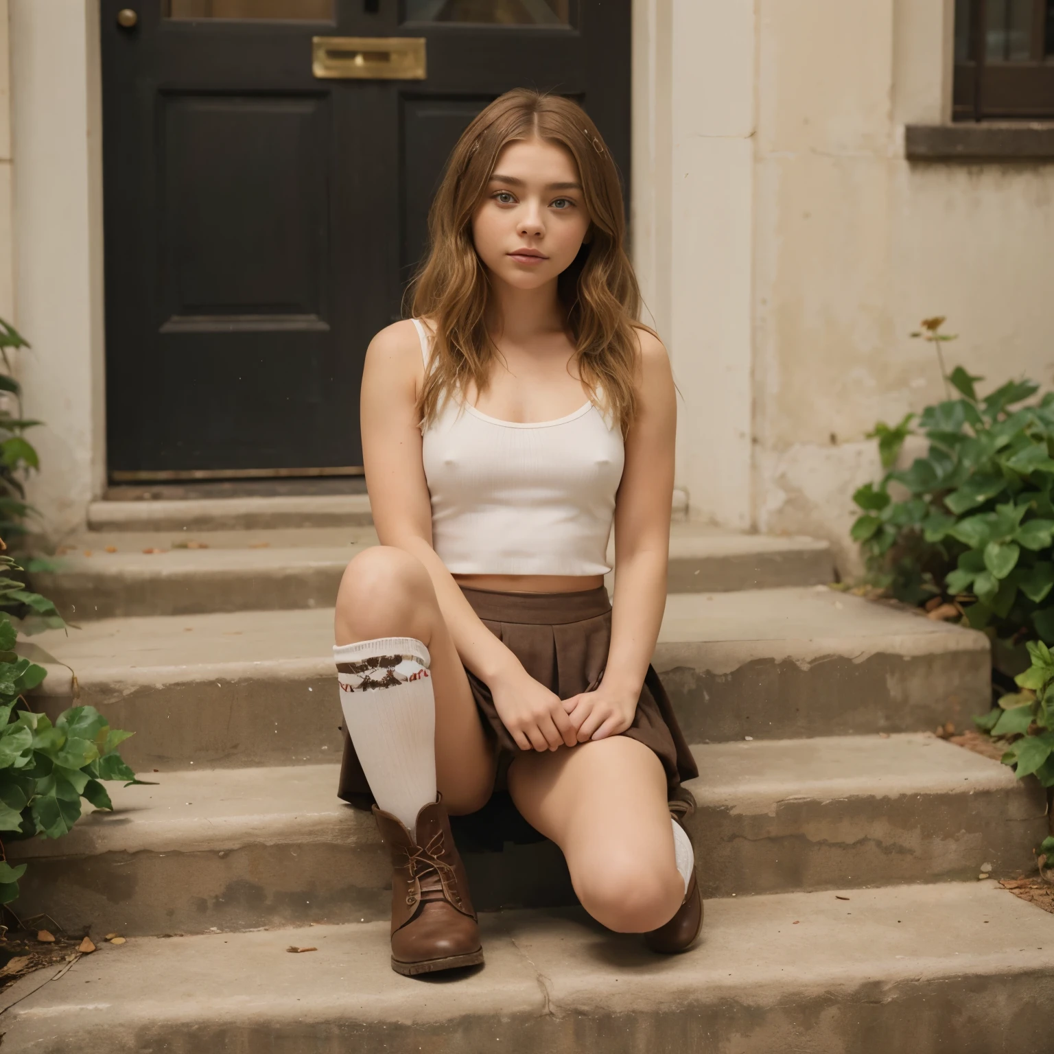 arafed woman sitting on steps with knee high socks and knee high socks, sydney sweeney, chloë grace moretz, chloe grace moretz, grace moretz, chloe moretz, mid shot portrait, florence pugh, brown boots, wearing a camisole, mini pleated skirt and boots, natalia dyer, wears brown boots, portrait of florence pugh, young goddess, solo photoshoot, one leg raised, white panties