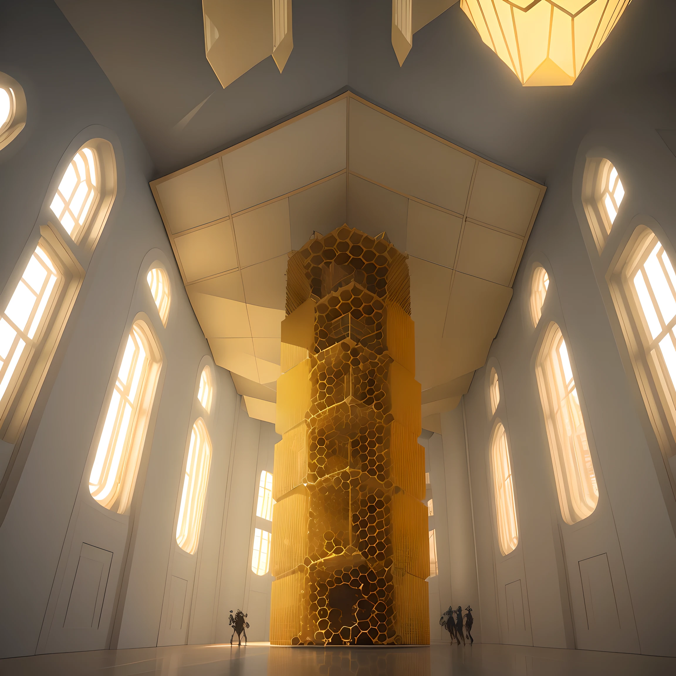 (Fantasticism,honeycomb_architecture:1.2),蜂巢呈现出几何形状的symmetry美感, Cleverly organize many small hexagonal honeycombs into a whole,big buildings, Art Deco, Light yellow, Harmonious environment, (aesthetics, Art, symmetry:1.2),功能aesthetics, minimalist