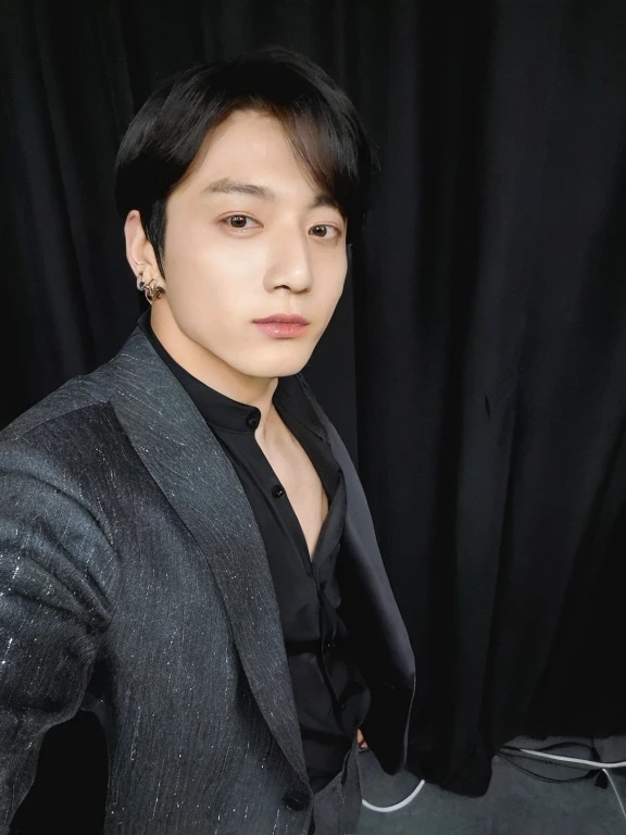 there is a man in a suit posing for a photo, Jungkook do bts, em um terno preto, hyung jungkook, jungkook 27bajos, vestindo terno preto, he is wearing a suit, Jungkook de cabelo preto, suave em fundo, handsome androgynous prince, Jungkook, Plump lips