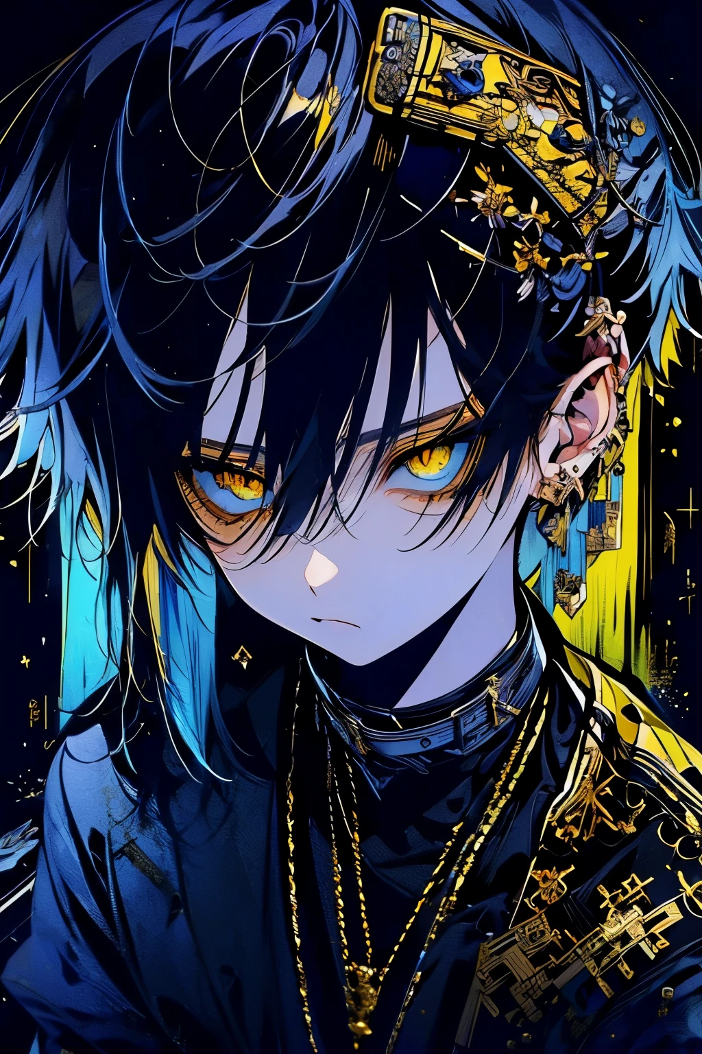 (masutepiece), (Best Quality), Highly detailed, 1 boy, Solo Focus, looking at viewer, Perfect face, Beautiful face, melancholic key necklace, front side, extra detailed face，(black and blue hair:1.3)，(Shining gold yellow eyes:1.6)，dark plain simple clothe，(long eyeslashes:1.4)