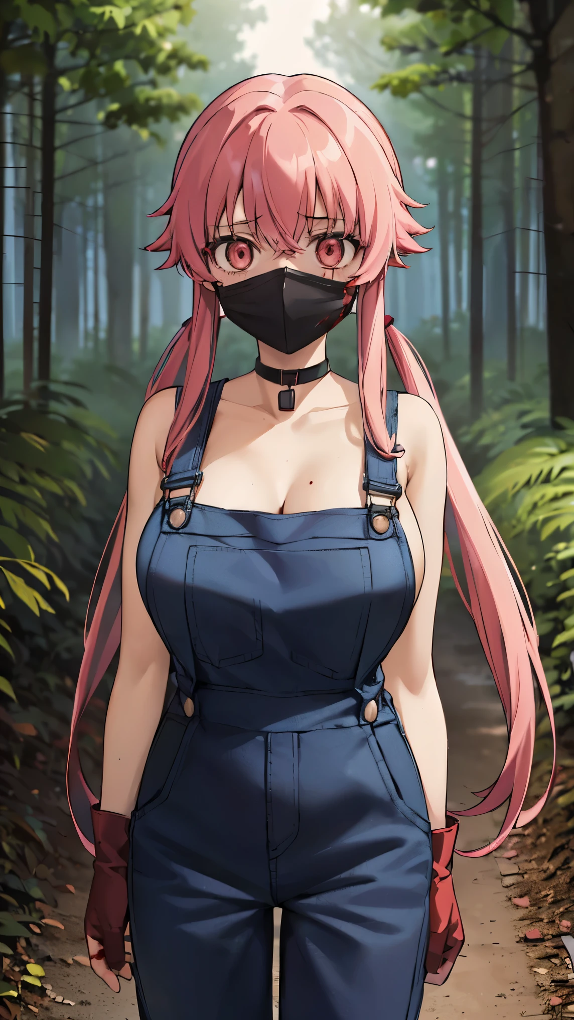 anime_still, masterpiece, best quality, 1girl, Gasai Yuno, long hair, pink hair, low twintails, smile, naked, red eyes, (large breasts:1.5),1girl, black choker, dark grey, (overalls:1.25), leather gloves, black boots, ((nigth:1.5)), (chasing you through the woods BY yuno gasai), moonlight, blood on floor, horror scane, (horror movie post:1.5) (evil eyes:1.6), (horror_movies:1.5), (woods:1.6),(dark:1.7), (out_boorlood on hands:1.5), (blood stain:1.25), (black face mask:1.25)