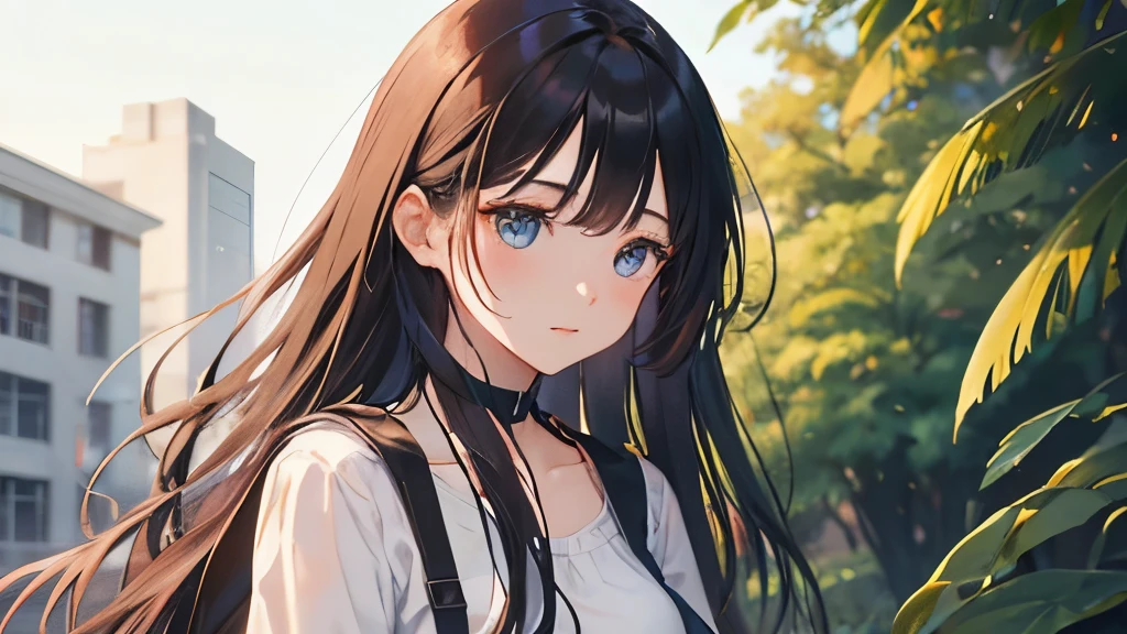 university student、20-year-old、Hair is bronze、hair is long、so beautiful、beautiful、In summer clothes、eyes are black、upper body only、Are standing