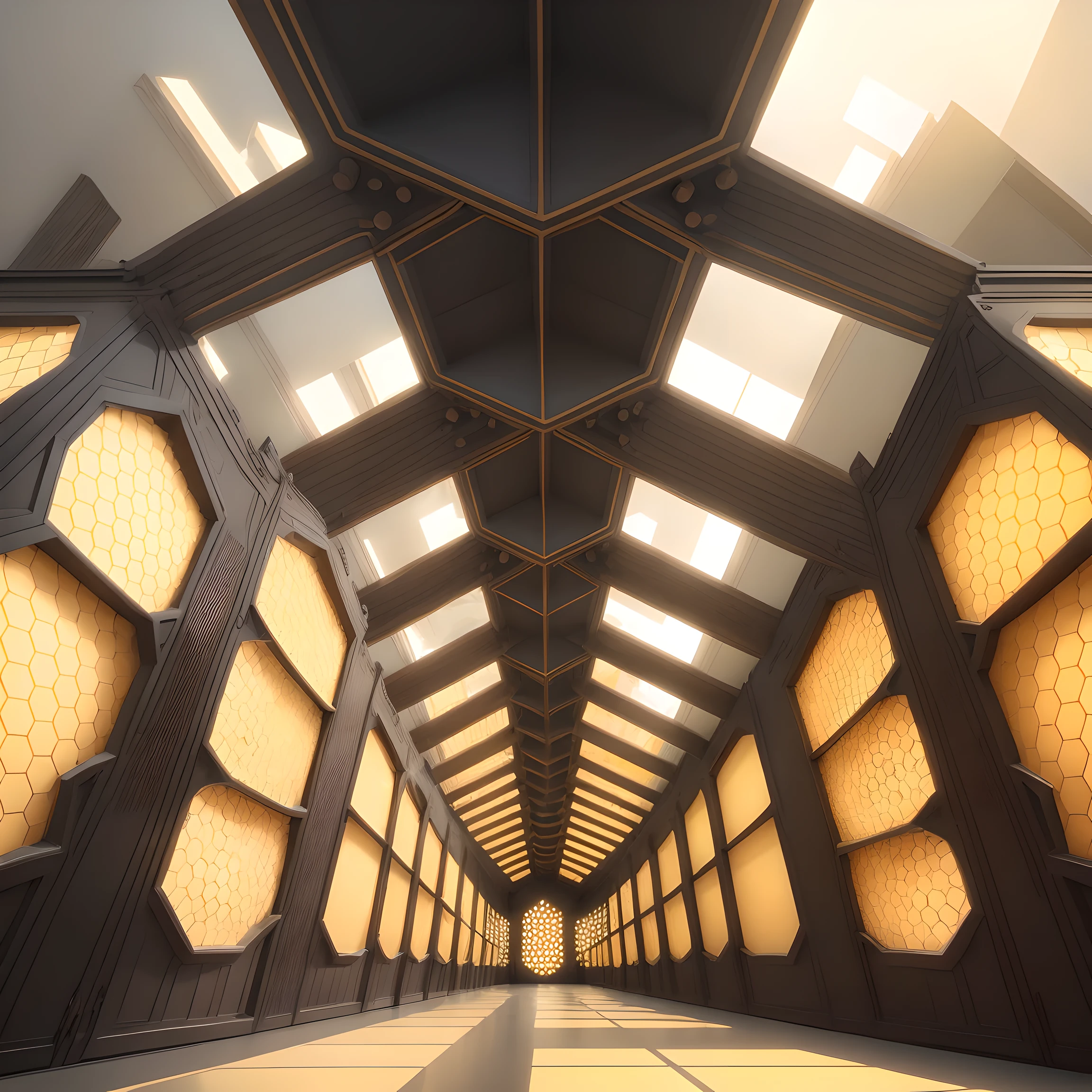 (Fantasticism,honeycomb_architecture:1.2),蜂巢呈现出几何形状的symmetry美感, Cleverly organize many small hexagonal honeycombs into a whole,big buildings, Art Deco, Light yellow, Harmonious environment, (aesthetics, Art, symmetry:1.2),功能aesthetics, minimalist