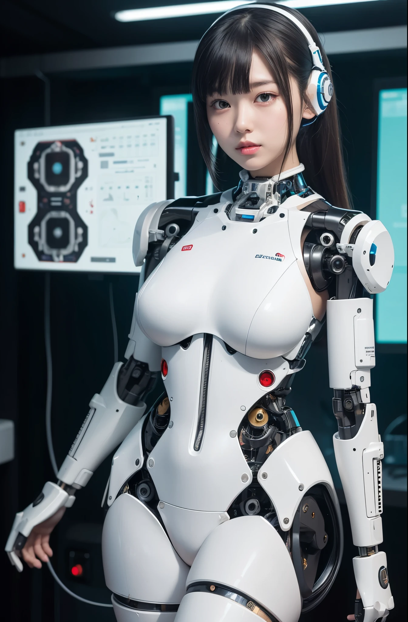 masutepiece, Best Quality, Extremely detailed, 8K portrait,1girl in, Japaese android gid,Plump , announcer,control panels,android,Droid,Mechanical Hand, ,Robot arms and legs, Black hair,Mechanical body,Blunt bangs,White Robotics Parts,perfect robot woman,Charging spot,Long Tube,A thick cable was connected to her neck,ceramic body ,Mechanical body, mechanical ear covers,android,robot humanoid,a bit chubby,panty,full eyes,perfect mechanical body,white robotics body,future laboratory,android factory,mechanical ear cover,white and aqua uniform,costume with aqua accents,