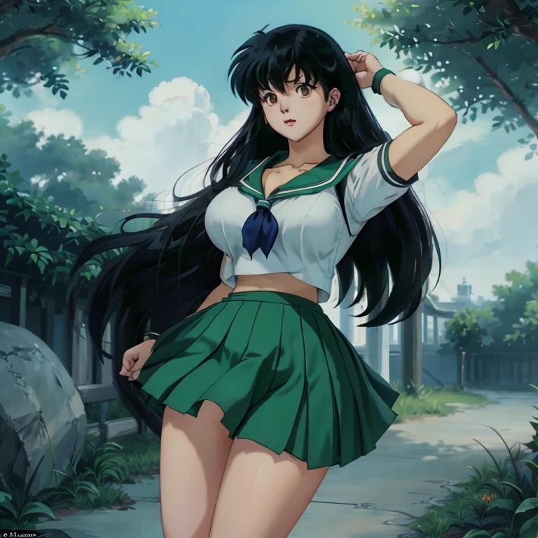 1character, jubgle, looking at viewer, character kagome higurashi, long hair, big eyes with white sclera, nature lighting, face lighing, slim and shapely body, thin waist, large breast with puffy areolas and perky nipples, large hips, round ass, thick thighs, shapely legs, she is wearing a sailor school uniform with cleavage cutout, she is wearing a school long green skirt,