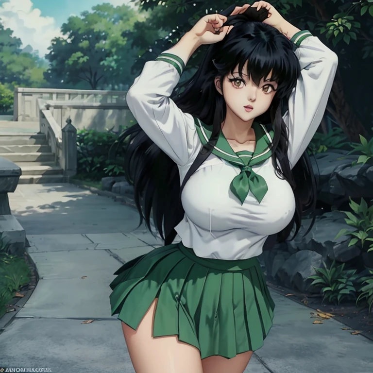 1character, jubgle, looking at viewer, character kagome higurashi, long hair, big eyes with white sclera, nature lighting, face lighing, slim and shapely body, thin waist, large breast with puffy areolas and perky nipples, large hips, round ass, thick thighs, shapely legs, she is wearing a sailor school uniform with cleavage cutout, she is wearing a school long green skirt,