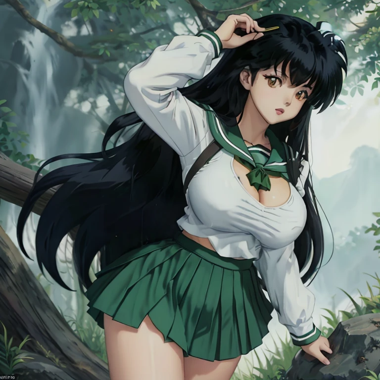 1character, jubgle, looking at viewer, character kagome higurashi, long hair, big eyes with white sclera, nature lighting, face lighing, slim and shapely body, thin waist, large breast with puffy areolas and perky nipples, large hips, round ass, thick thighs, shapely legs, she is wearing a sailor school uniform with cleavage cutout, she is wearing a school long green skirt,