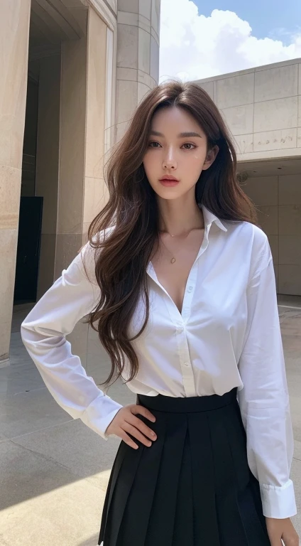 (Best quality, High resolution, Masterpiece :1.3), A tall and pretty woman, Slender abs, Dark brown hair styled in loose waves, Breasts, White button up shirt, Black pleated skirt, (Modern architecture in background), Details exquisitely rendered in the face and skin texture, Detailed eyes, Double eyelid