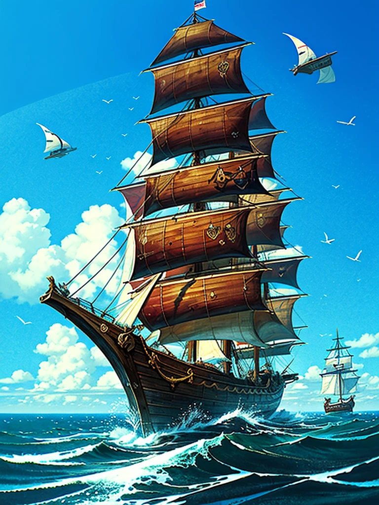 (((masterpiece、Highest image quality、highest quality、highly detailed unity 8kwallpaper)))、((fantasy、pirate ship、blue sail))、(brig、Wooden sailing ship)、港に停泊するpirate ship