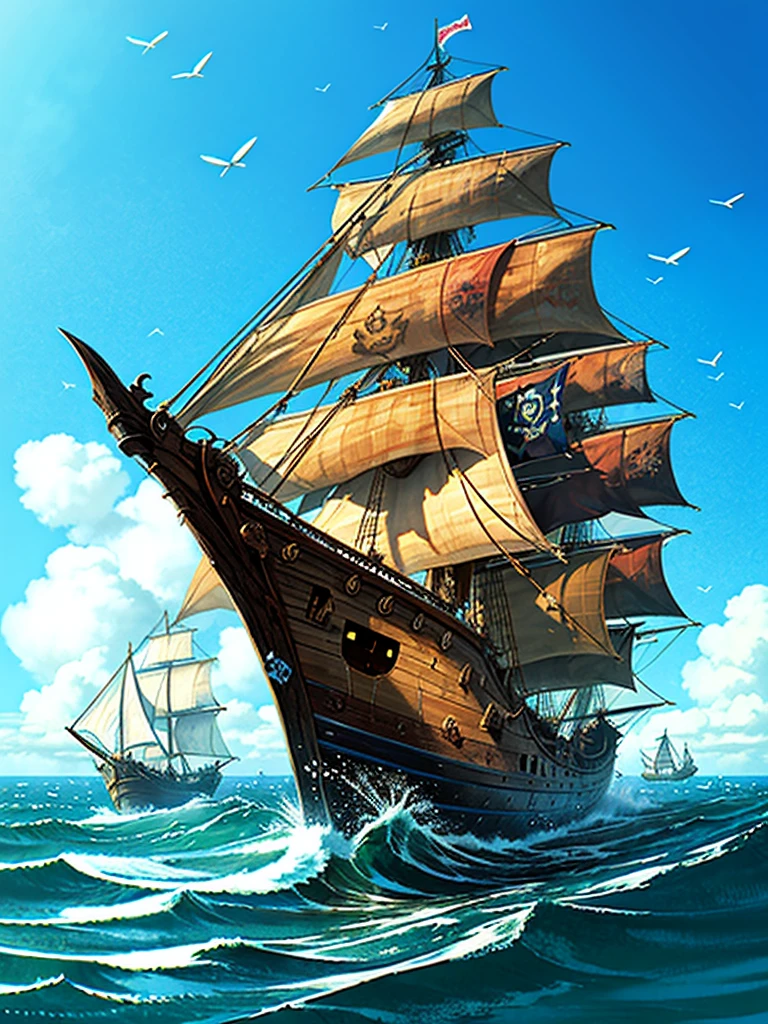 （（（masterpiece、Highest image quality、highest quality、highly detailed unity 8ｋwallpaper）））、（（fantasy、pirate ship、blue sail））、（brig、Wooden sailing ship）、港に停泊するpirate ship