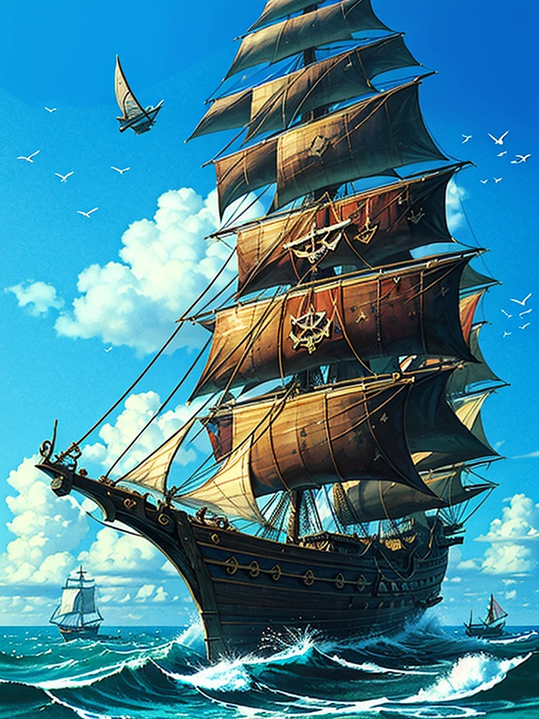 （（（masterpiece、Highest image quality、highest quality、highly detailed unity 8ｋwallpaper）））、（（fantasy、pirate ship、blue sail））、（brig、Wooden sailing ship）、港に停泊するpirate ship