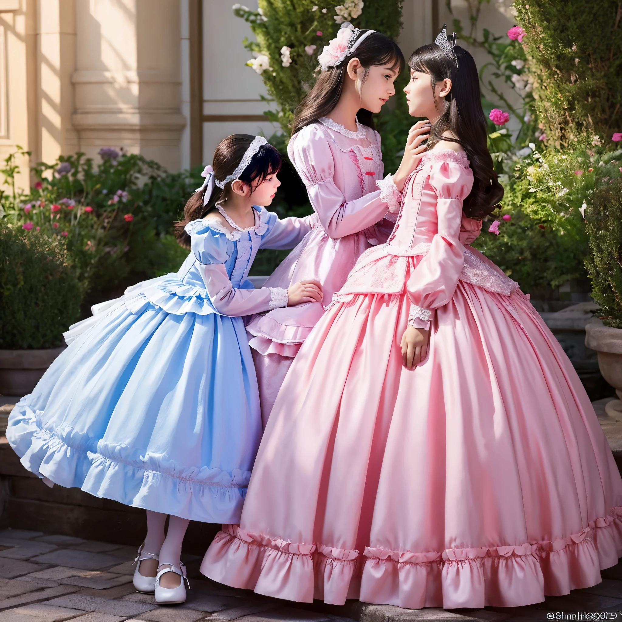 highest quality, masterpiece, highest resolution, artwork, super get used to it, many become familiar with, become familiar with, get used to it, woman, ,the two girls are princesses,pink victorian dress,long sleeve,long dress,A dress with lots of frills and ribbons.,luxury,Two kiss,high quality dresses,贅沢な寝室の中,豪華な天蓋付きベッド,