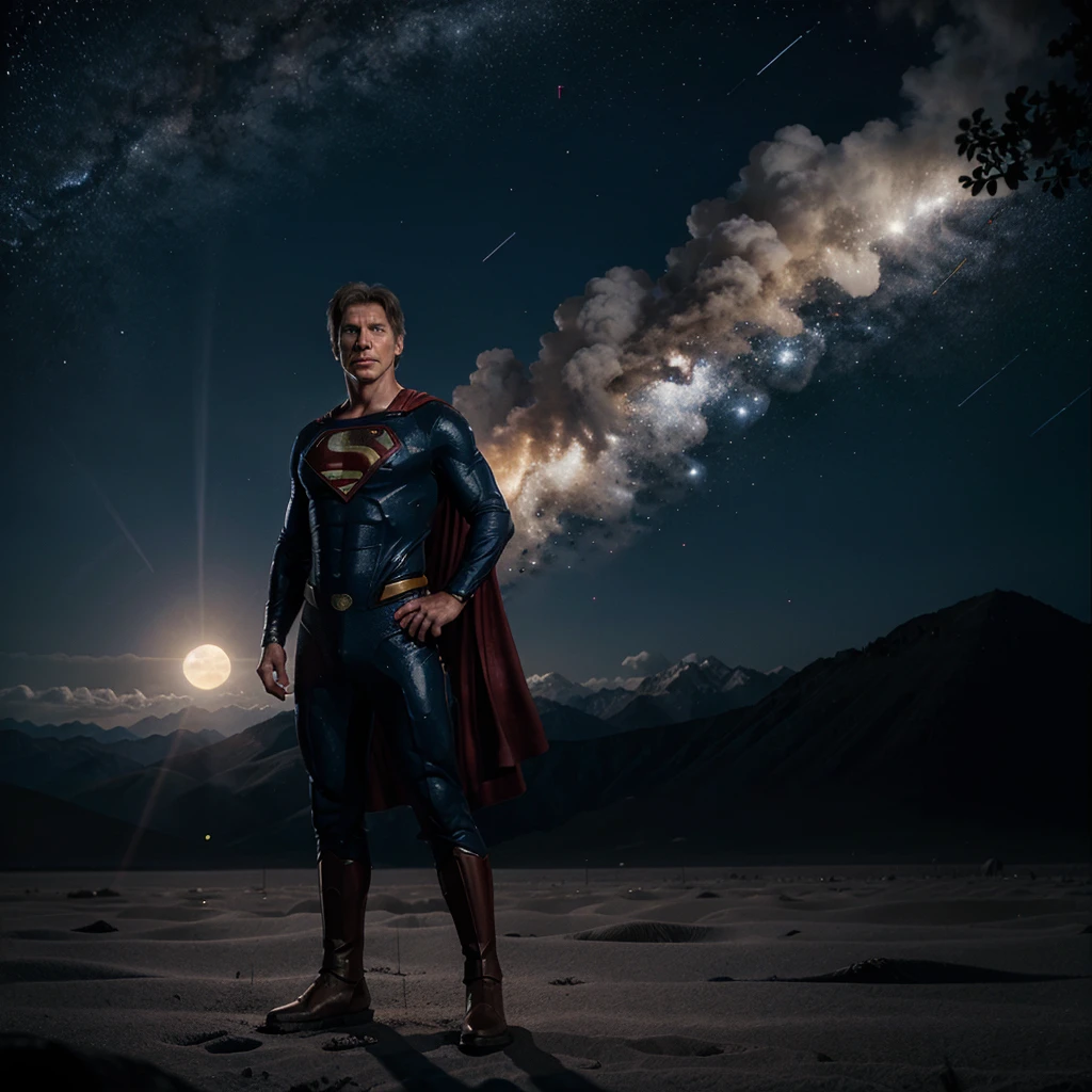 Harrison Ford is Superman, standing full length on the moon, with a background of Galaxy stars on the occasion.