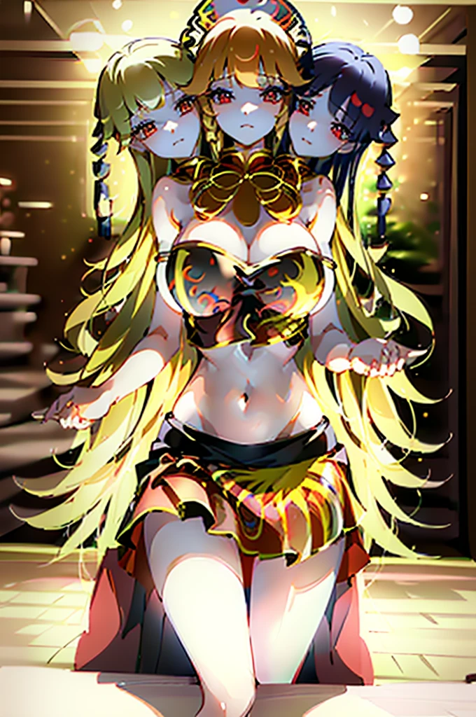 (masterpiece, best quality), best resoultion, (ultra-detailed), (3heads:1.5), 1girl, (junko:1.3), masterpiece, best quality, black top, crop top, ((stomach)), midriff, ((groin)), red and black skirt, normal ears, shackles, blonde hair, very long hair, wavy hair, sidelocks, red eyes, parted lips, single horn, sweat, cute, toned belly, hand on own chest, eyelashes, (23 year old woman:1.3), (masterpiece:1.4), (best quality:1.4), (beautiful detailed, extremely detailed CG, extremely delicate and beautiful, depth of field, (finely detailed face), (perfect details:1.0), (mature female:1.3), wide pelvis, slender, large veiny breast, 8k resolution, very high quality, very high definition, extremely detailed, masterpiece, best quality, blonde hair, long hair, alluring presence, braid, short skirt, close up, big tits, young, chinese clothes, hair ornament, chinese headdress,